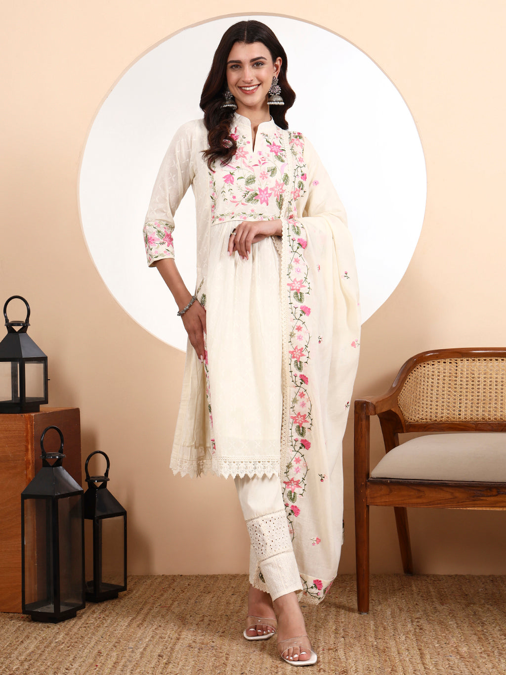 Kali Kurta 3-Piece Set with Parsi Embroidery