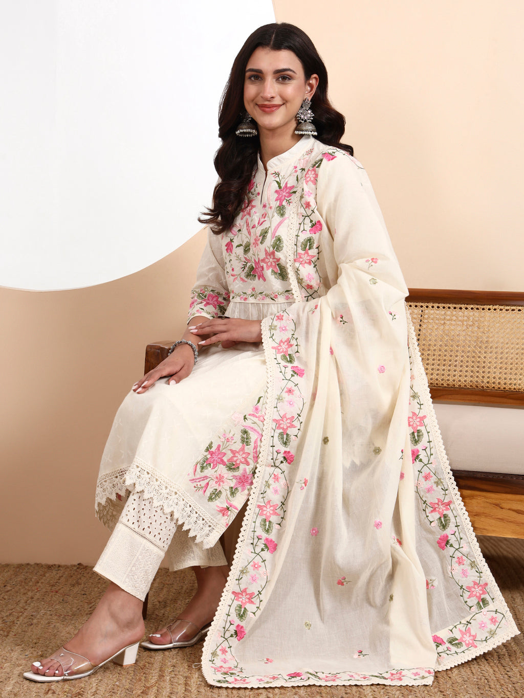 Kali Kurta 3-Piece Set with Parsi Embroidery