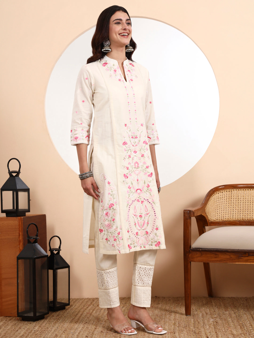 Ambi Cotton Kurta Set with Delicate Parsi Embroidery