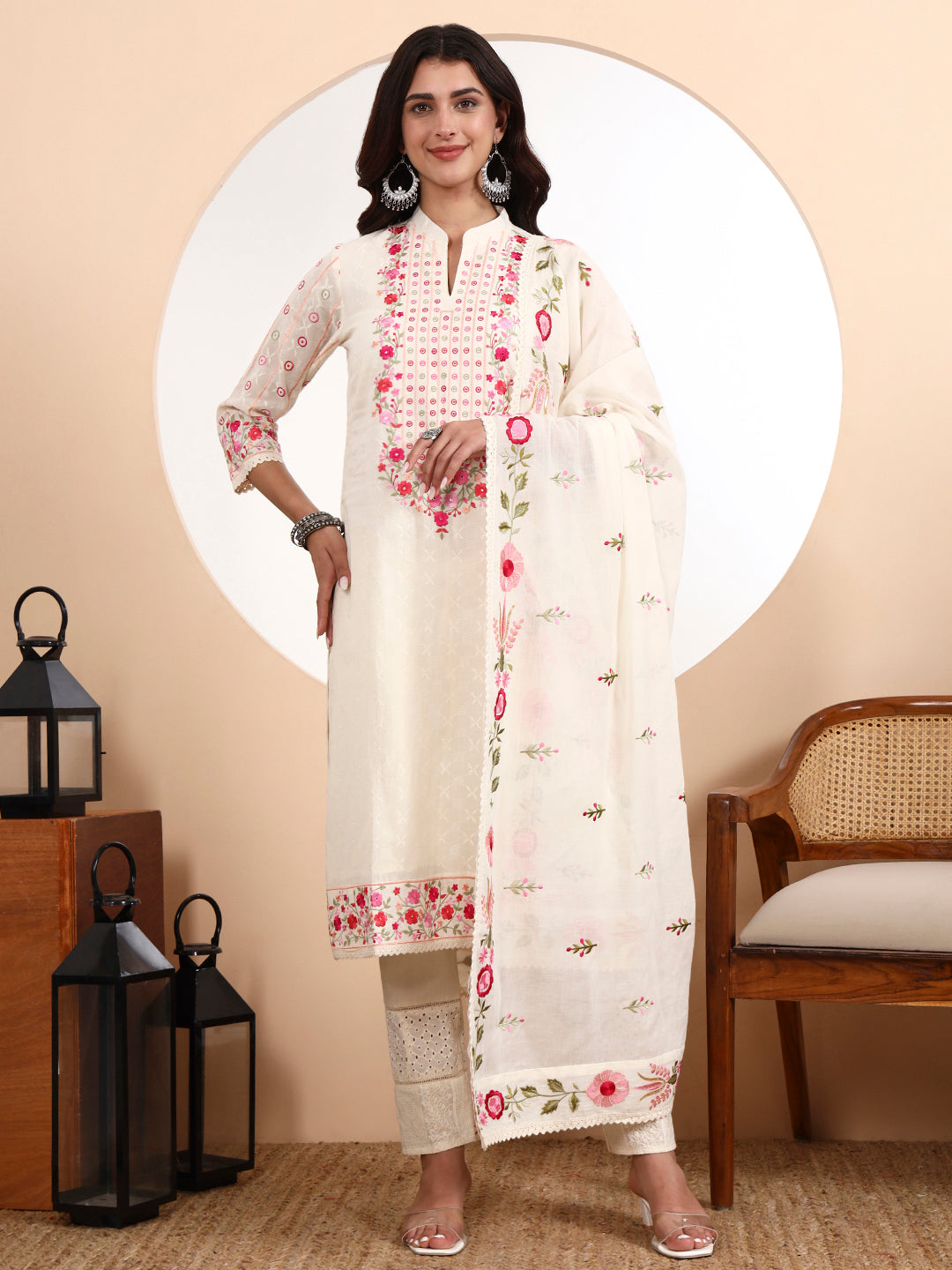 Dod Kurta 3-Piece Set with Parsi Embroidery | Cotton Kurta, Pants & Dupatta | Shabreen
