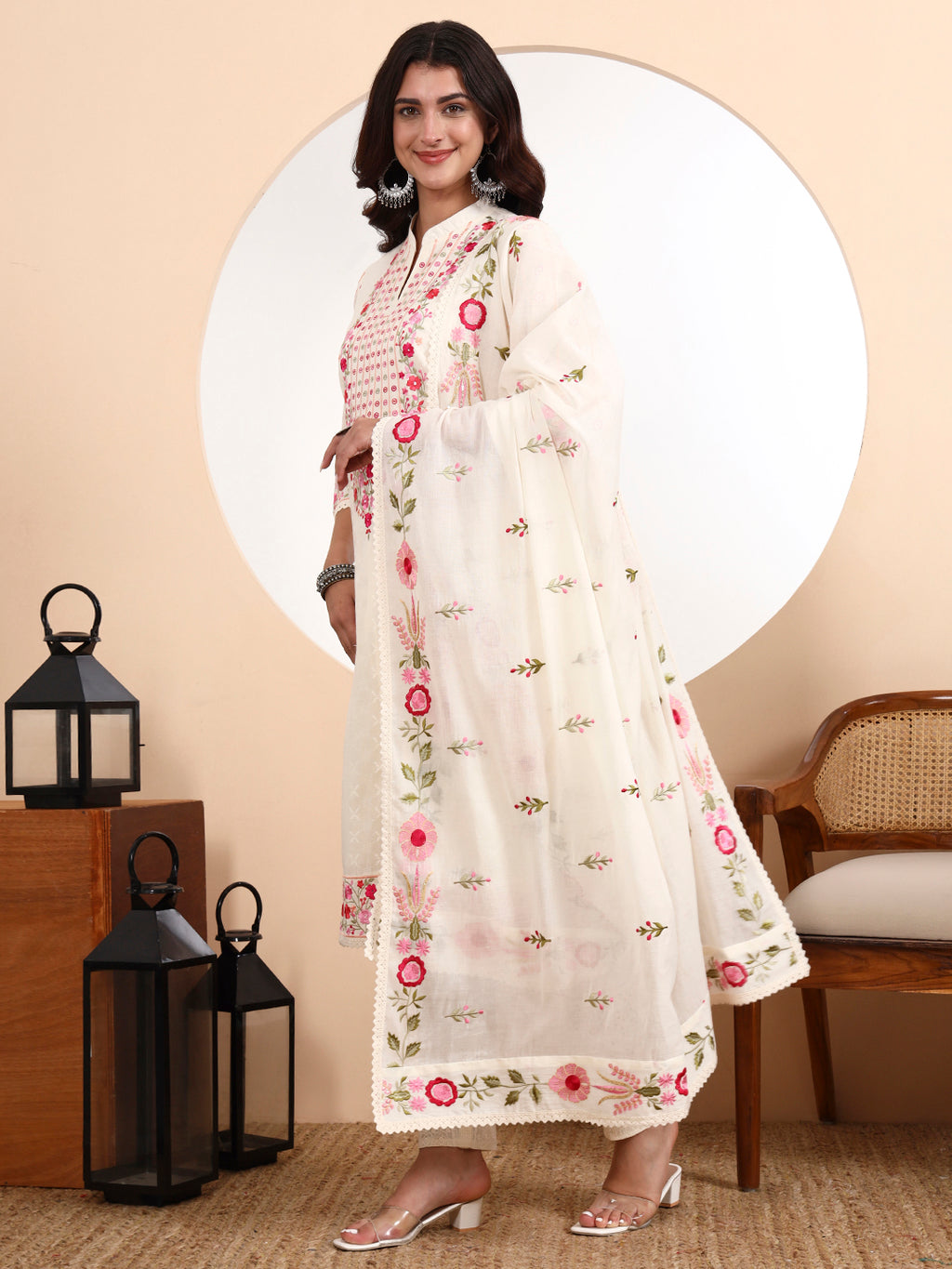 Dod Kurta 3-Piece Set with Parsi Embroidery | Cotton Kurta, Pants & Dupatta | Shabreen