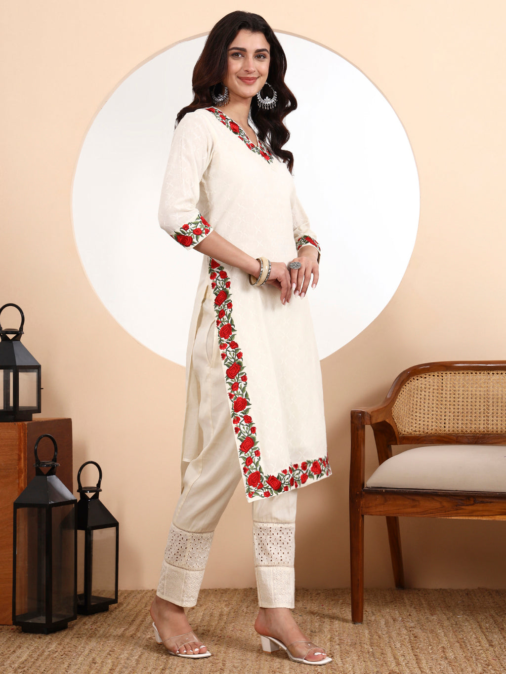 Rose Kurta 3-Piece Set – Floral Elegance in Pure Cotton