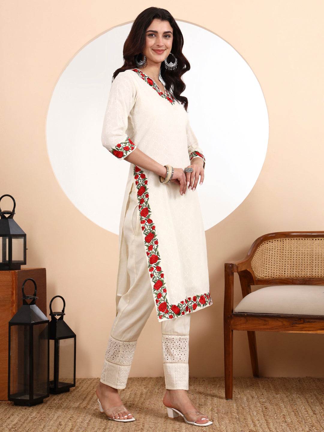 Rose Kurta 3-Piece Set – Floral Elegance in Pure Cotton
