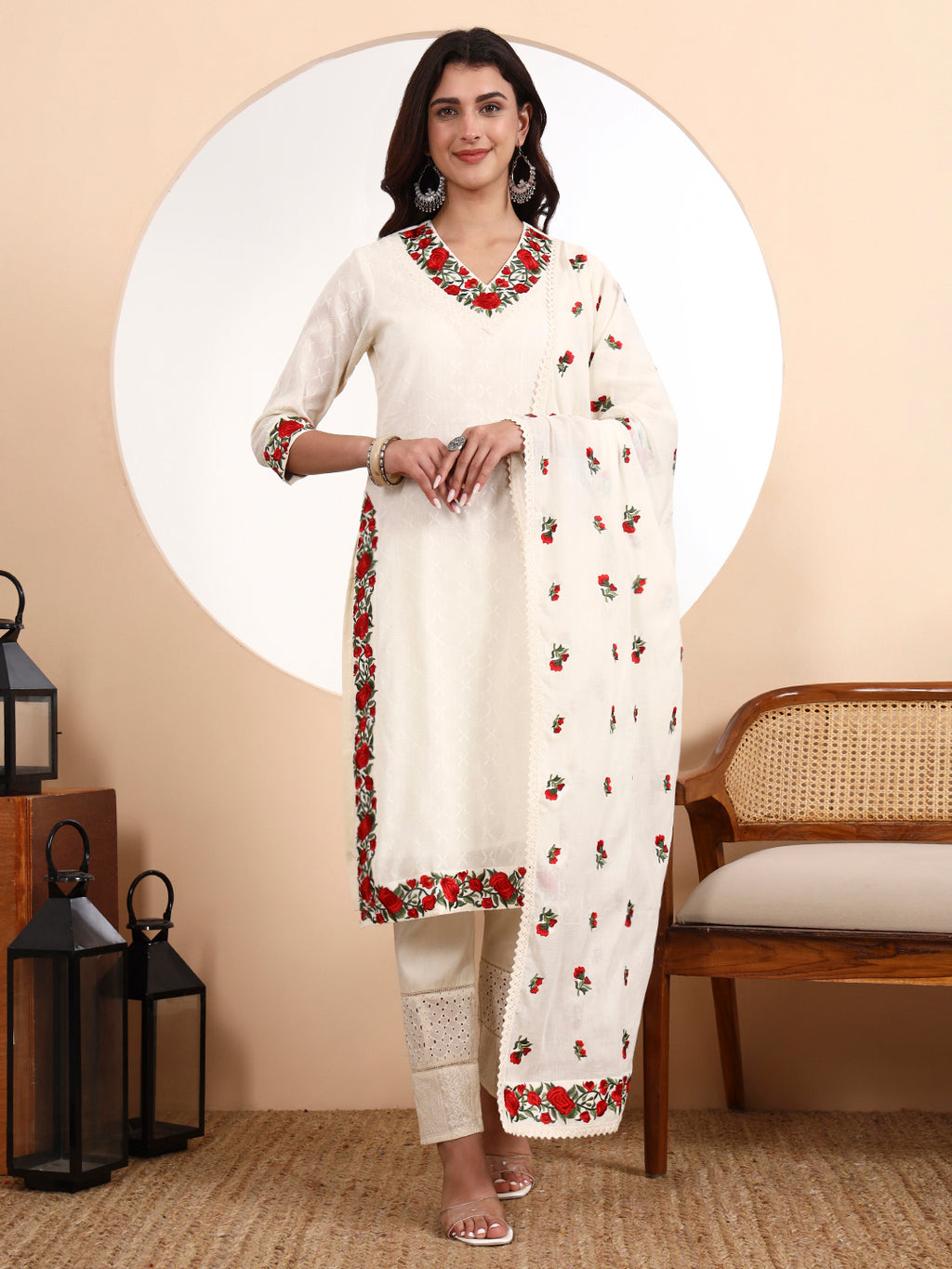 Rose Kurta 3-Piece Set – Floral Elegance in Pure Cotton