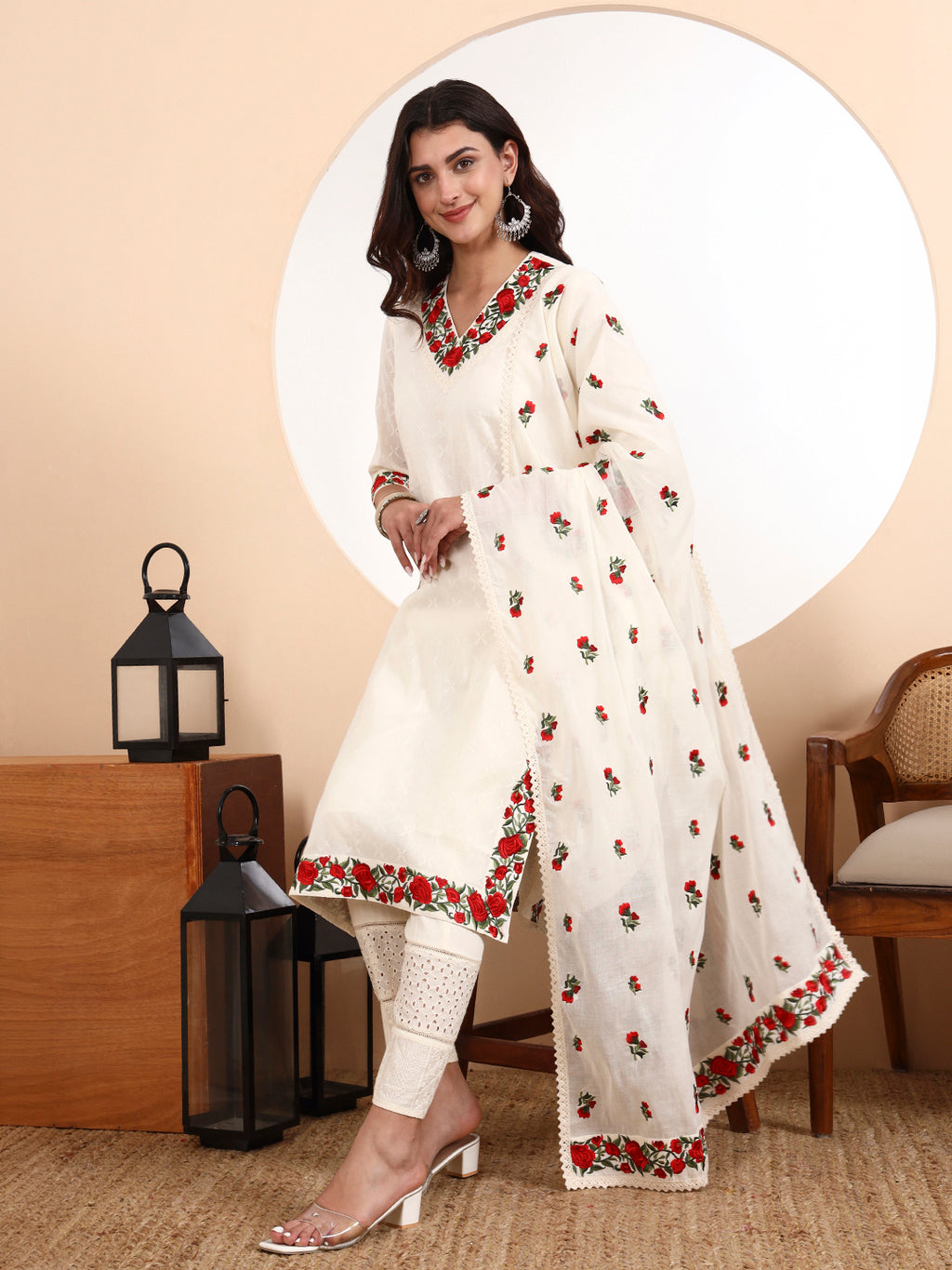 Rose Kurta 3-Piece Set – Floral Elegance in Pure Cotton