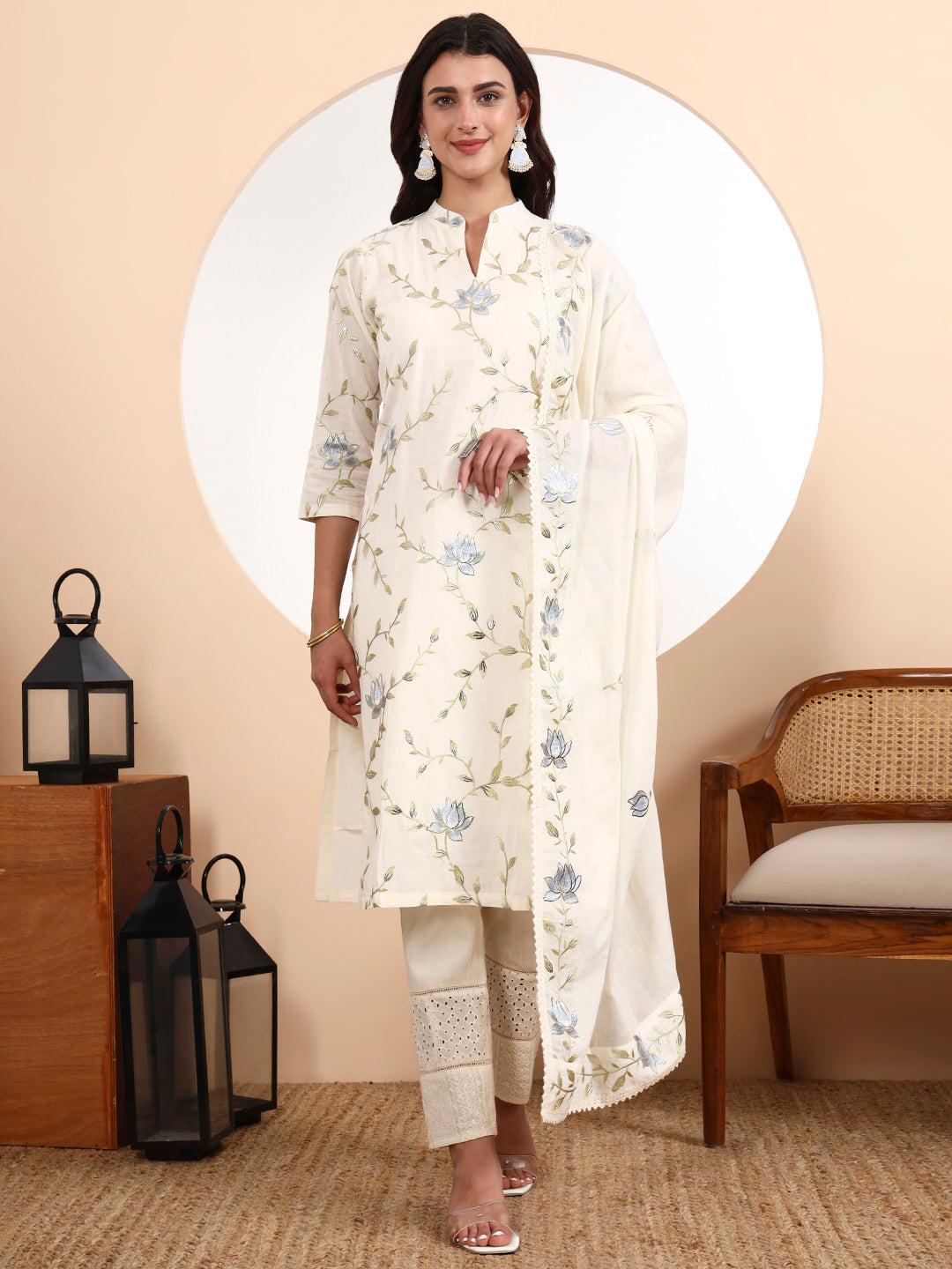Lotus Parsi Embroidered Cotton Kurta Set with Dupatta
