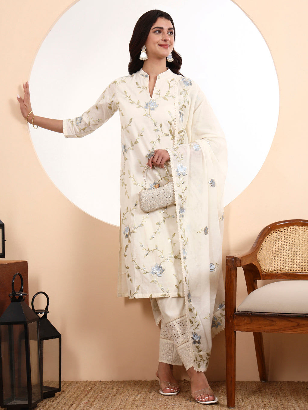 Lotus Parsi Embroidered Cotton Kurta Set with Dupatta