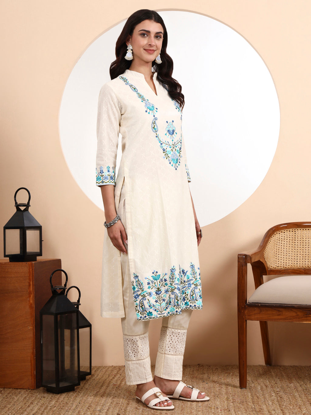 Kashmiri Parsi Embroidered Cotton Kurta Set with Dupatta