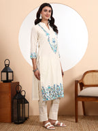 Kashmiri Parsi Embroidered Cotton Kurta Set with Dupatta