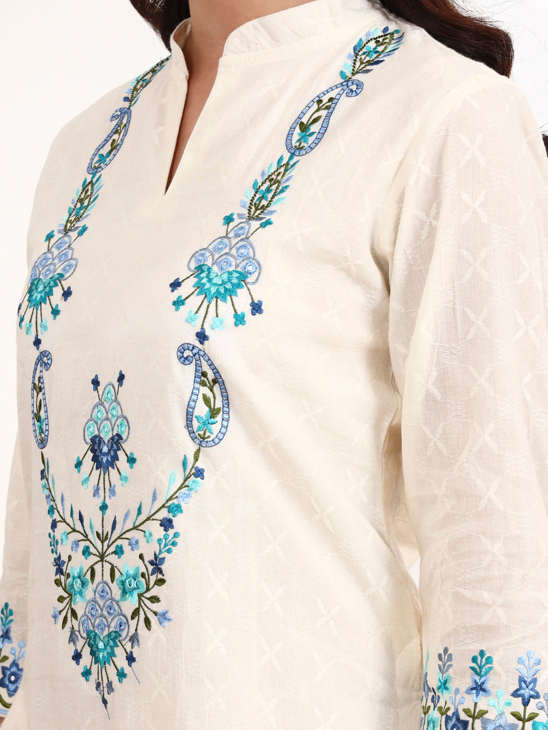 Kashmiri Parsi Embroidered Cotton Kurta Set with Dupatta