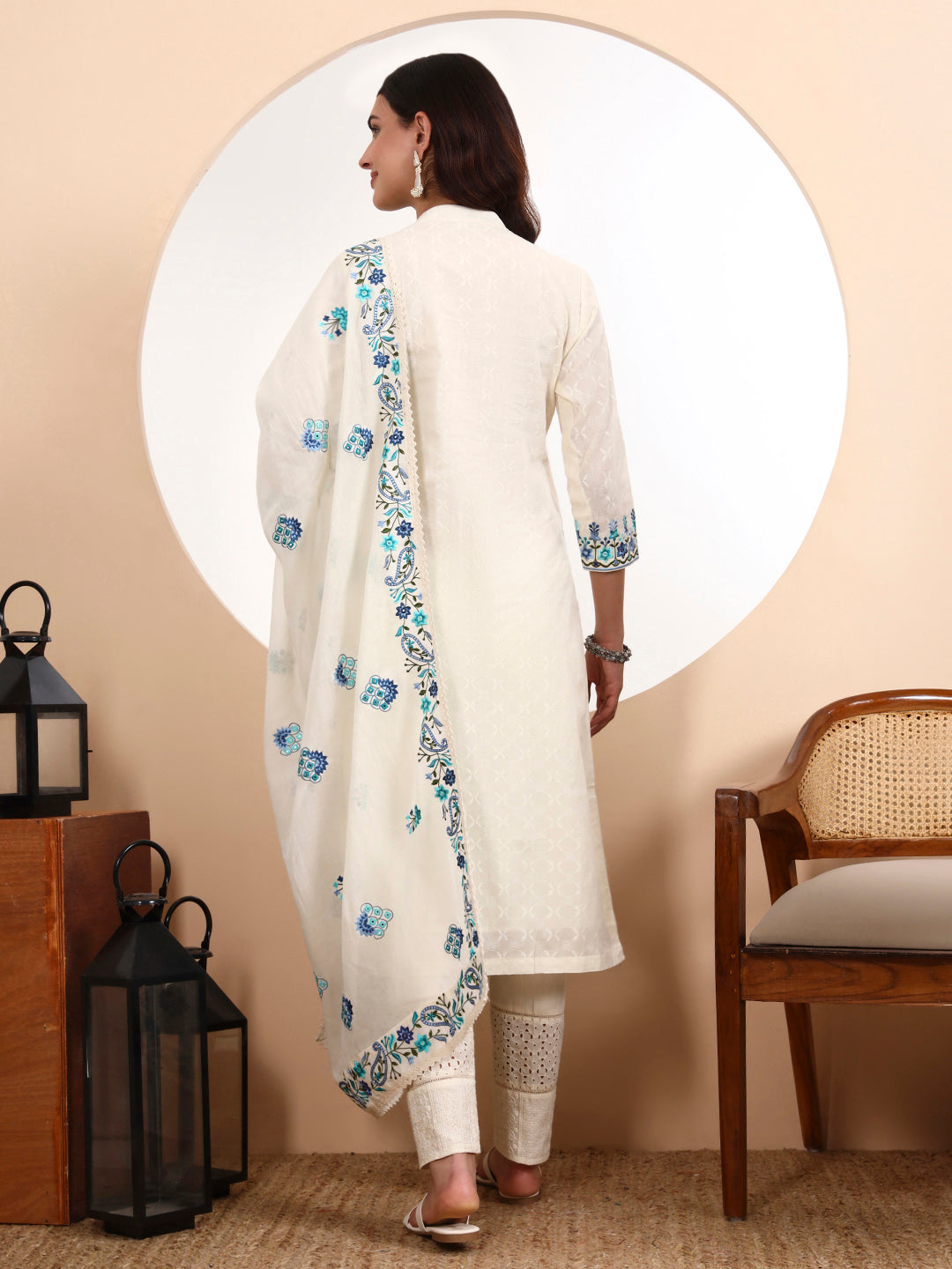 Kashmiri Parsi Embroidered Cotton Kurta Set with Dupatta
