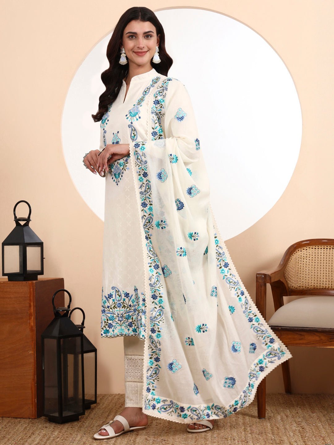 Kashmiri Parsi Embroidered Cotton Kurta Set with Dupatta