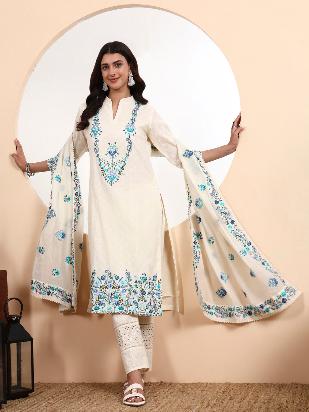 Kashmiri Parsi Embroidered Cotton Kurta Set with Dupatta