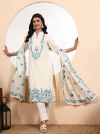 Kashmiri Parsi Embroidered Cotton Kurta Set with Dupatta