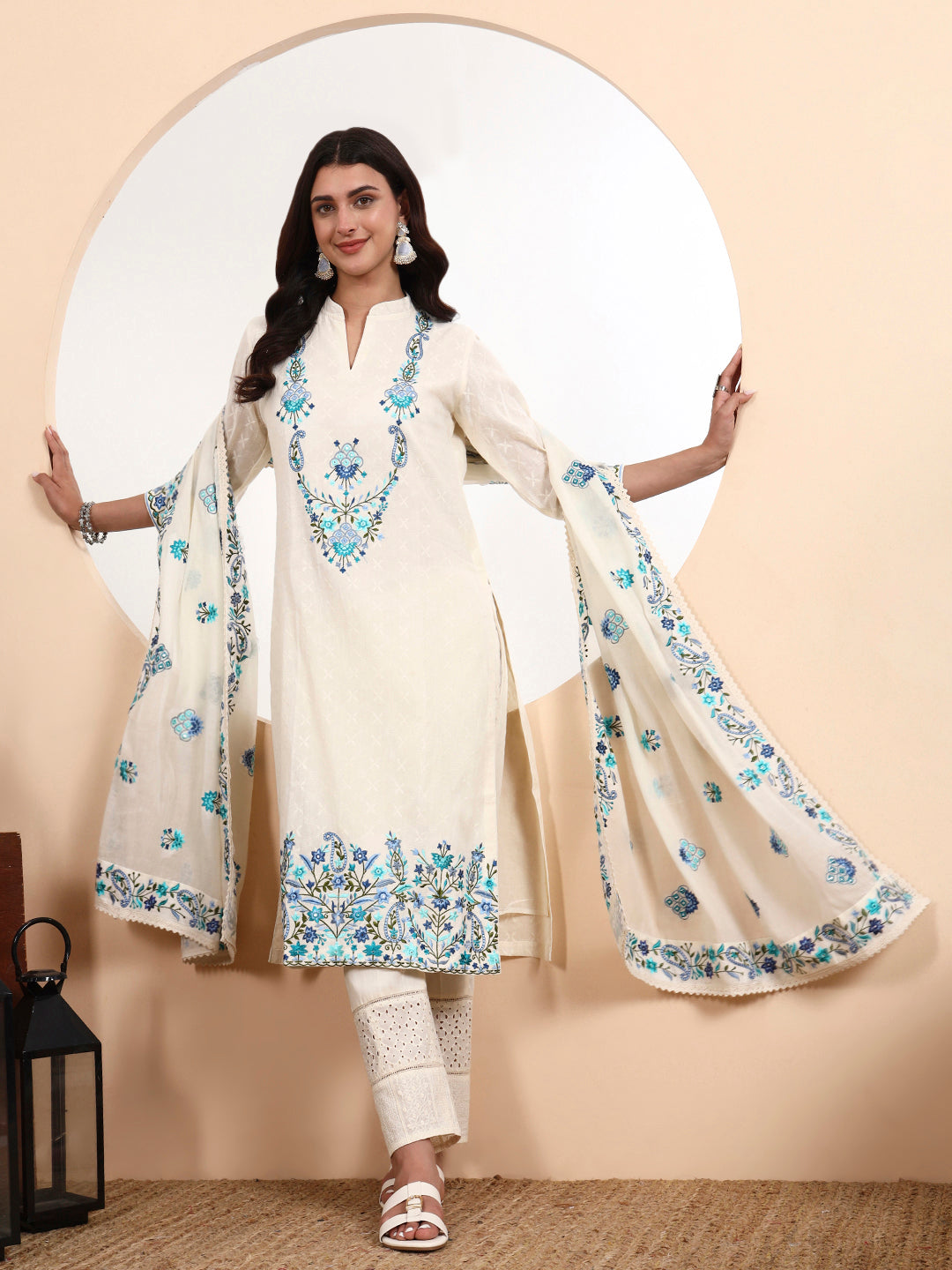 Kashmiri Parsi Embroidered Cotton Kurta Set with Dupatta