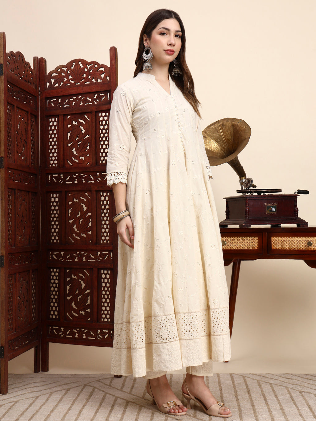 Sisha Work Cotton Anarkali with Parsi Embroidery & Dupatta