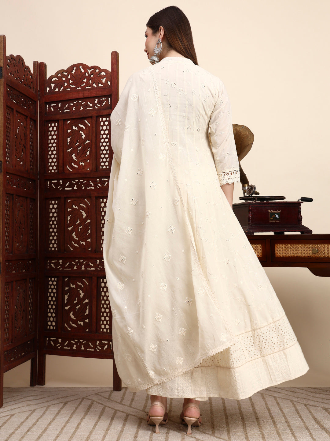 Sisha Work Cotton Anarkali with Parsi Embroidery & Dupatta