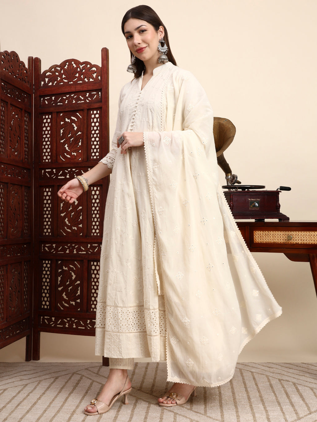 Sisha Work Cotton Anarkali with Parsi Embroidery & Dupatta