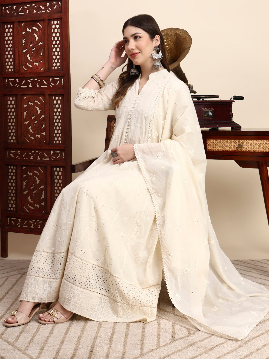 Sisha Work Cotton Anarkali with Parsi Embroidery & Dupatta