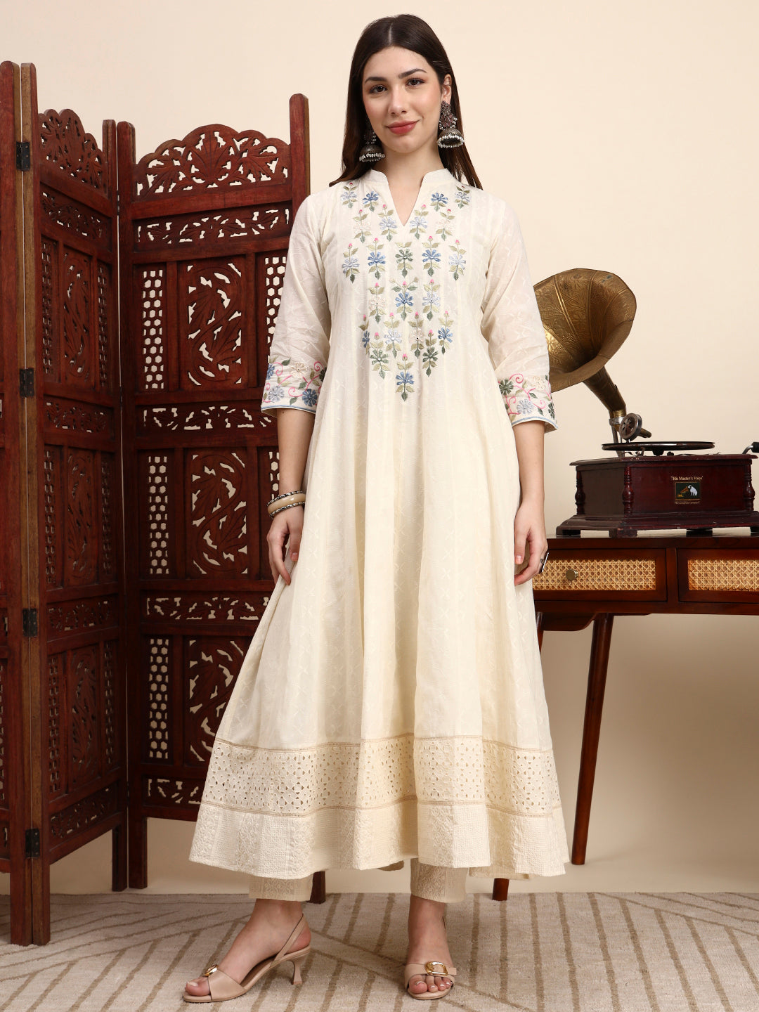 Handwork Parsi Embroidered Cotton Anarkali with Dupatta