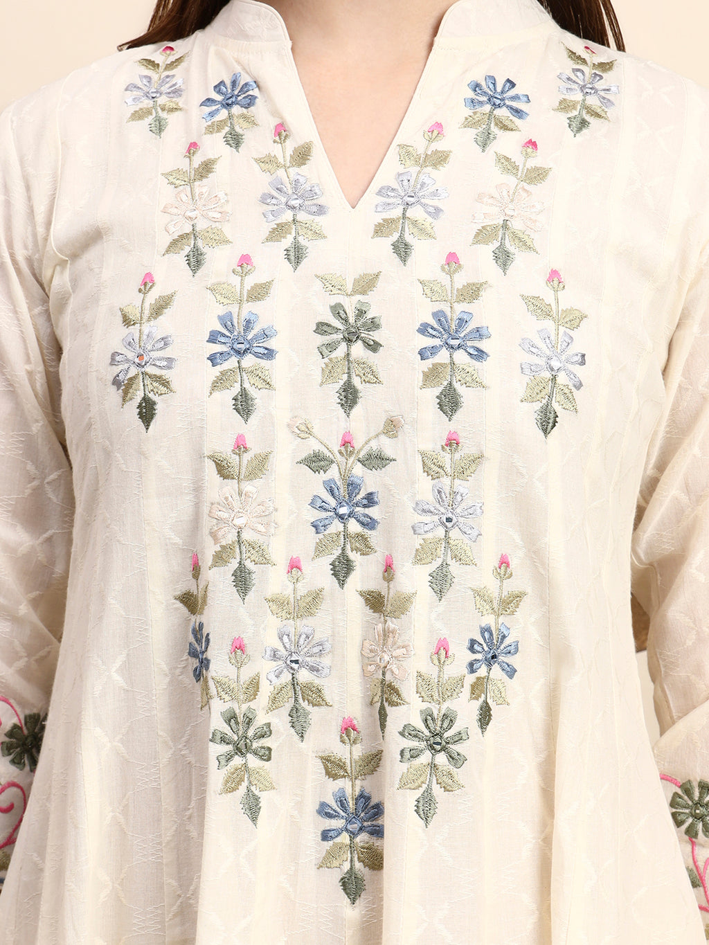 Handwork Parsi Embroidered Cotton Anarkali with Dupatta