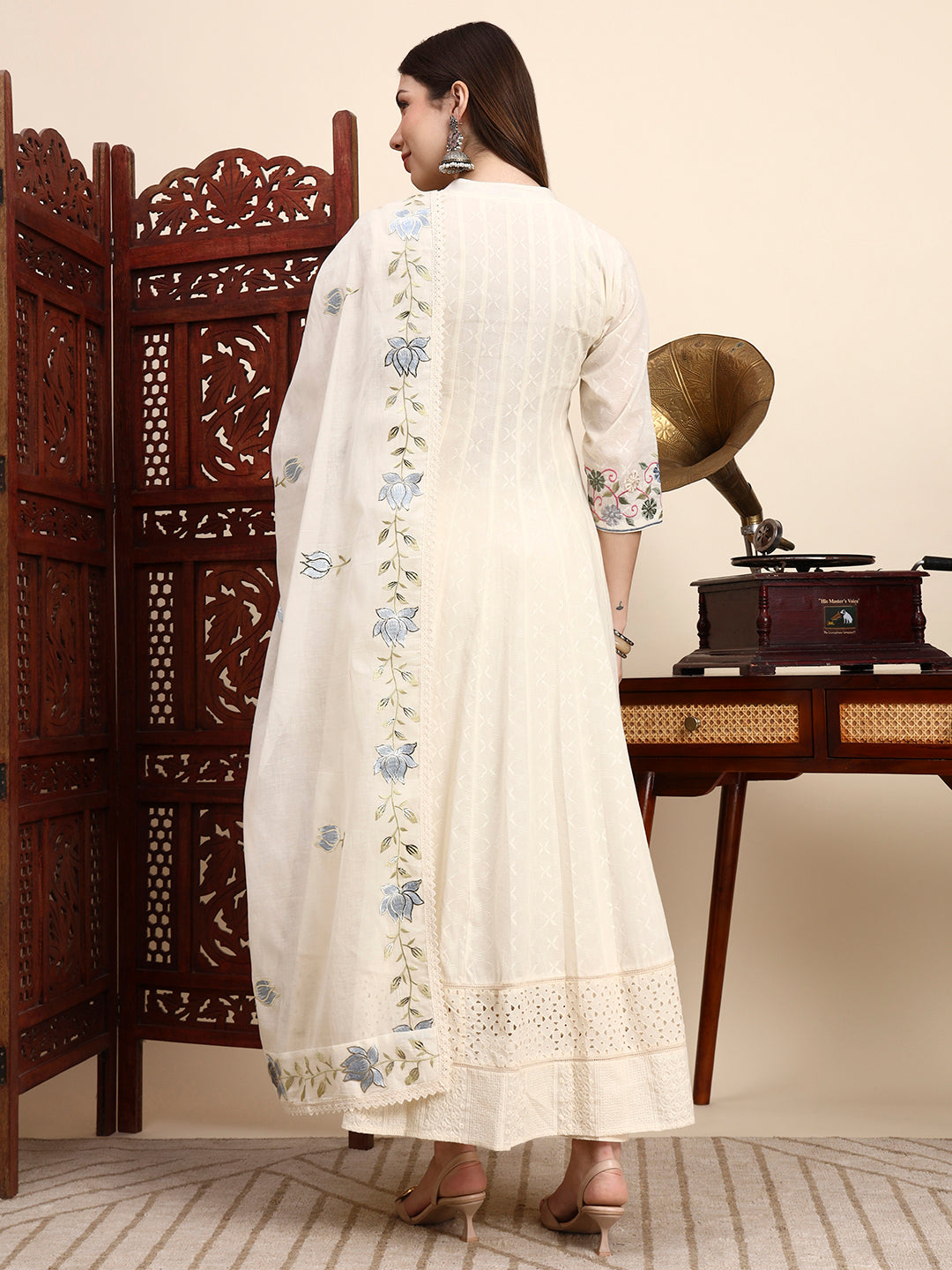Handwork Parsi Embroidered Cotton Anarkali with Dupatta
