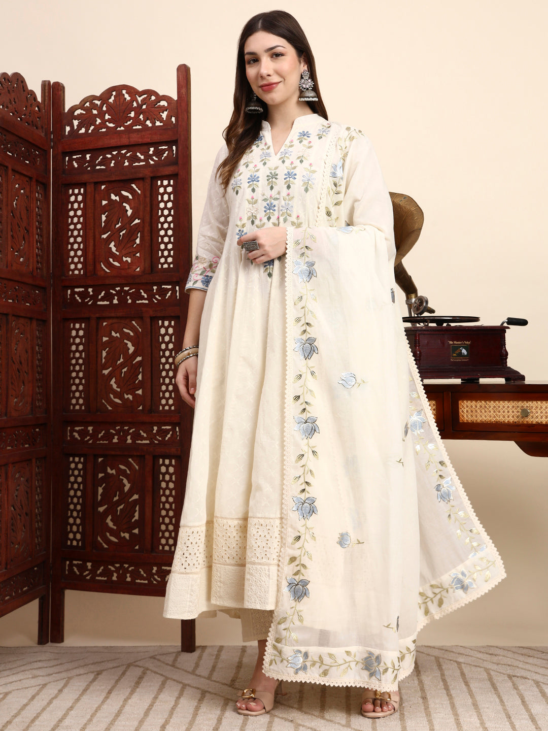 Handwork Parsi Embroidered Cotton Anarkali with Dupatta