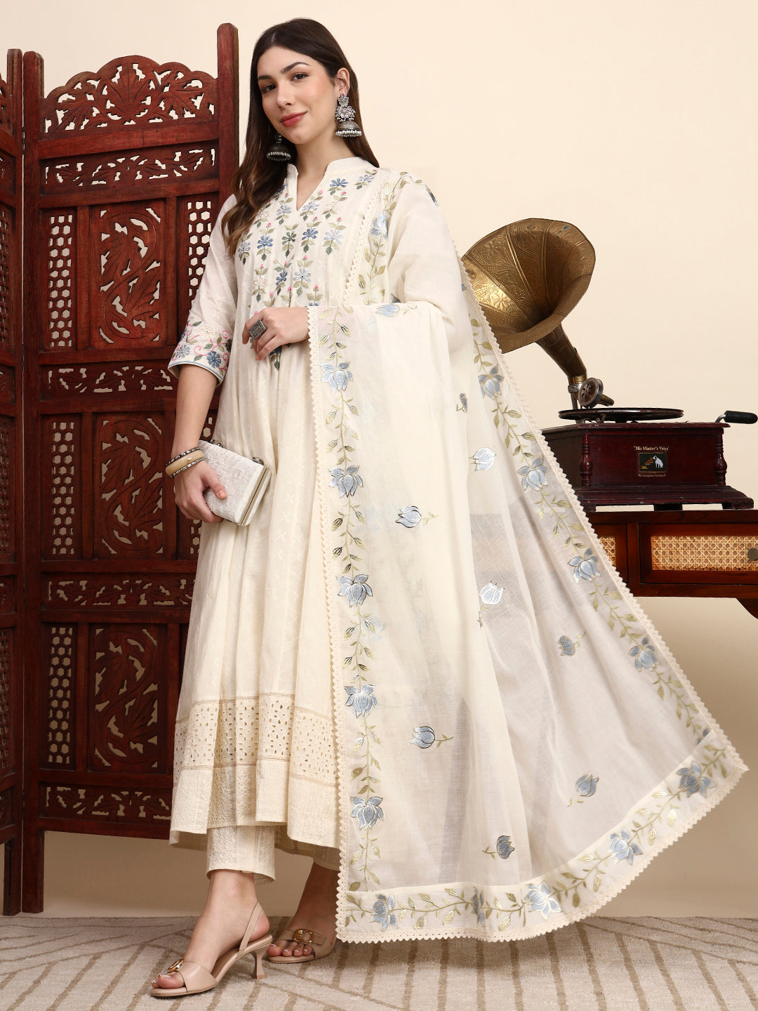 Handwork Parsi Embroidered Cotton Anarkali with Dupatta