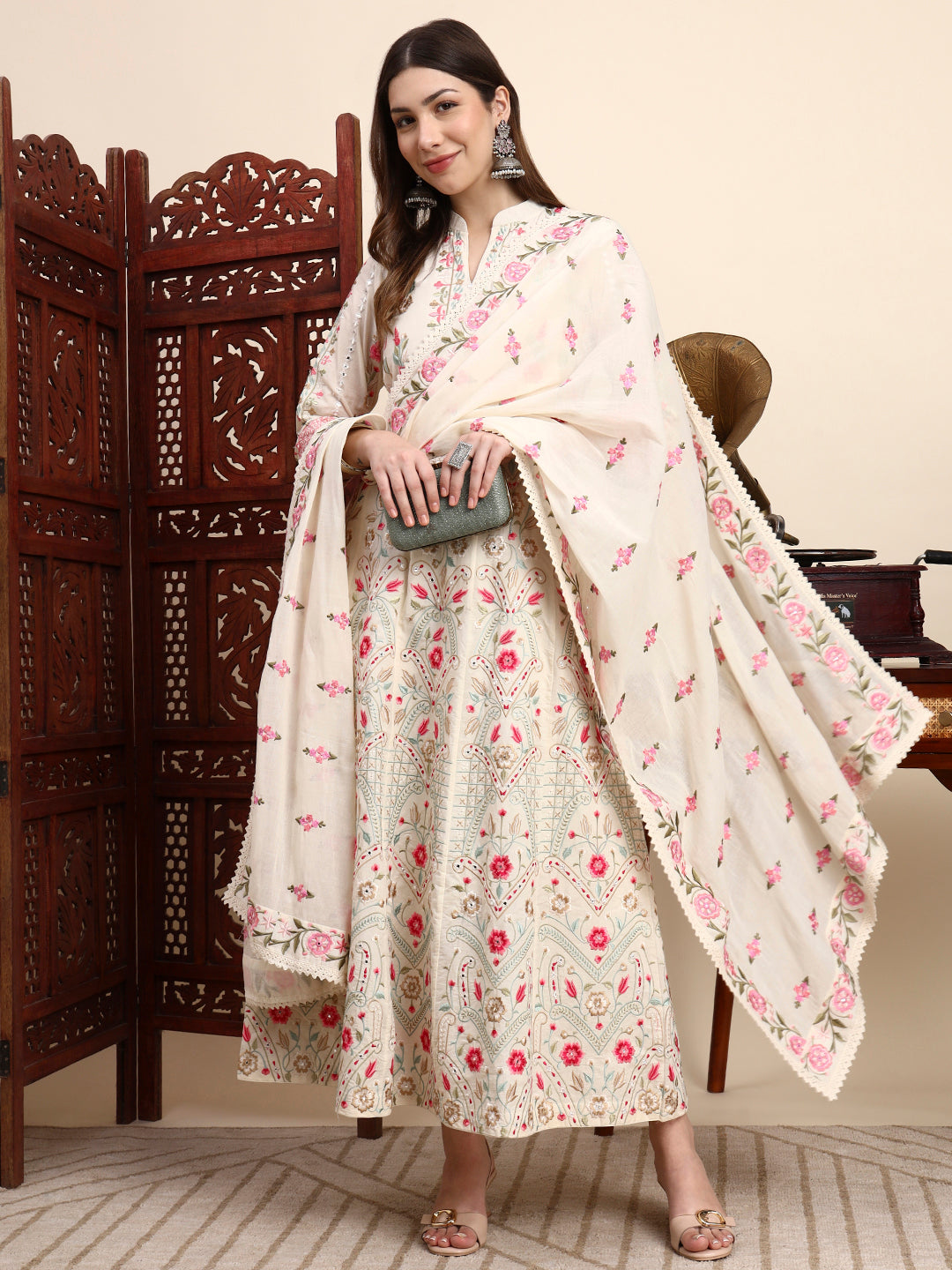 Safina Parsi Embroidered Cotton Anarkali with Dupatta