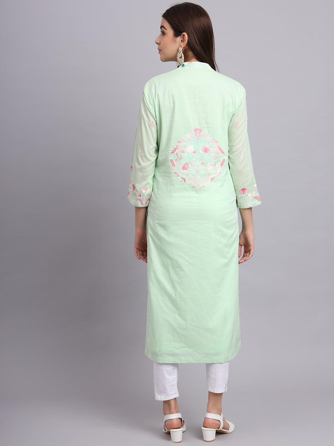 Mint Green Floral Cotton Kurti for Women – Casual & Office Wear (Only Kurta)