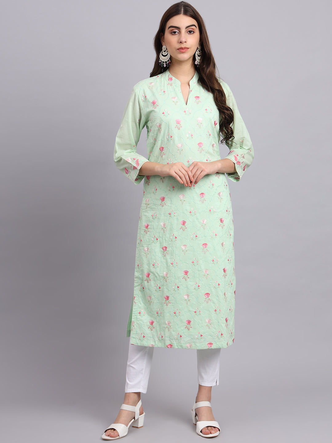 Mint Green Floral Cotton Kurti for Women – Casual & Office Wear (Only Kurta)