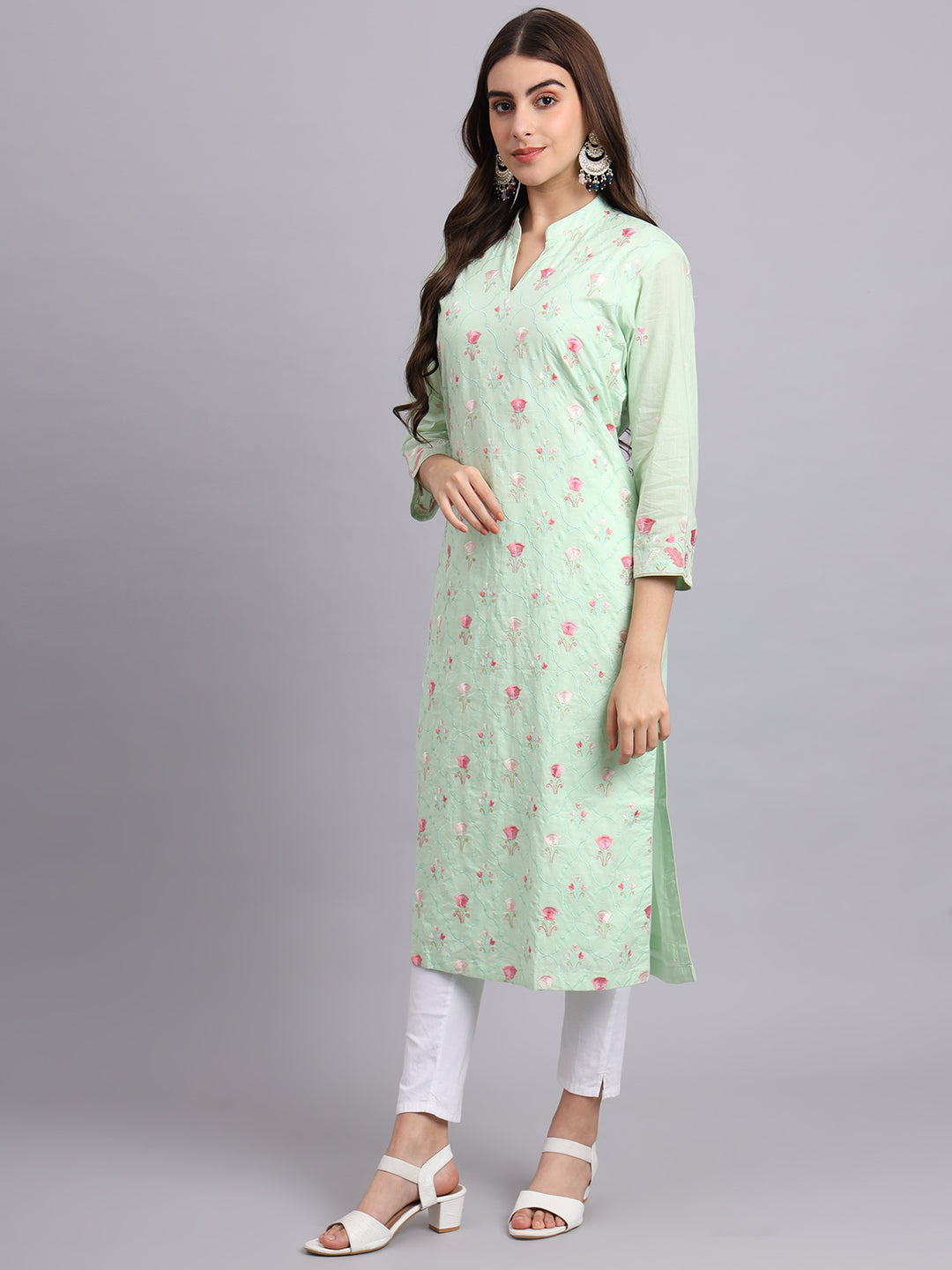 Mint Green Floral Cotton Kurti for Women – Casual & Office Wear (Only Kurta)