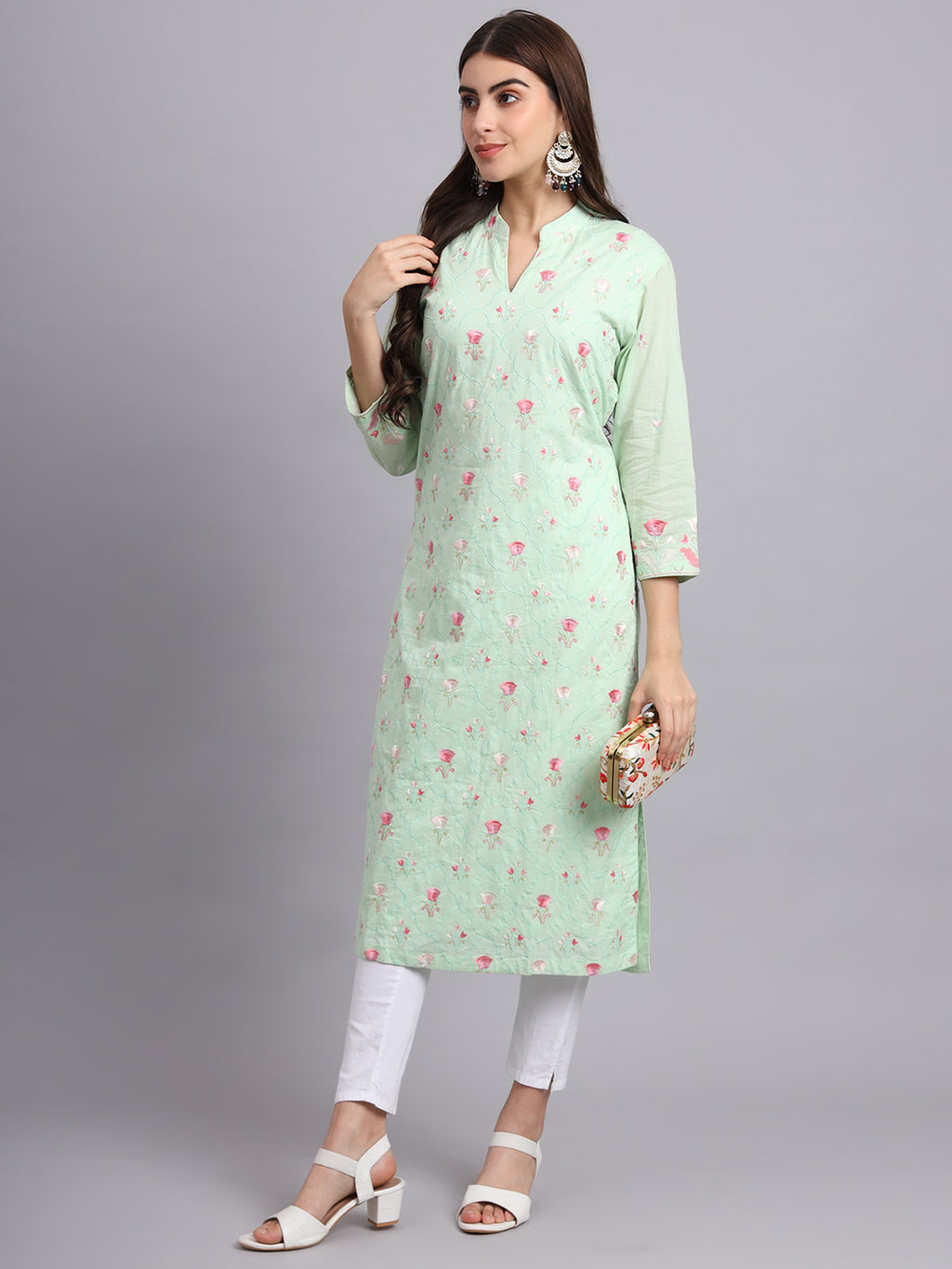 Mint Green Floral Cotton Kurti for Women – Casual & Office Wear (Only Kurta)