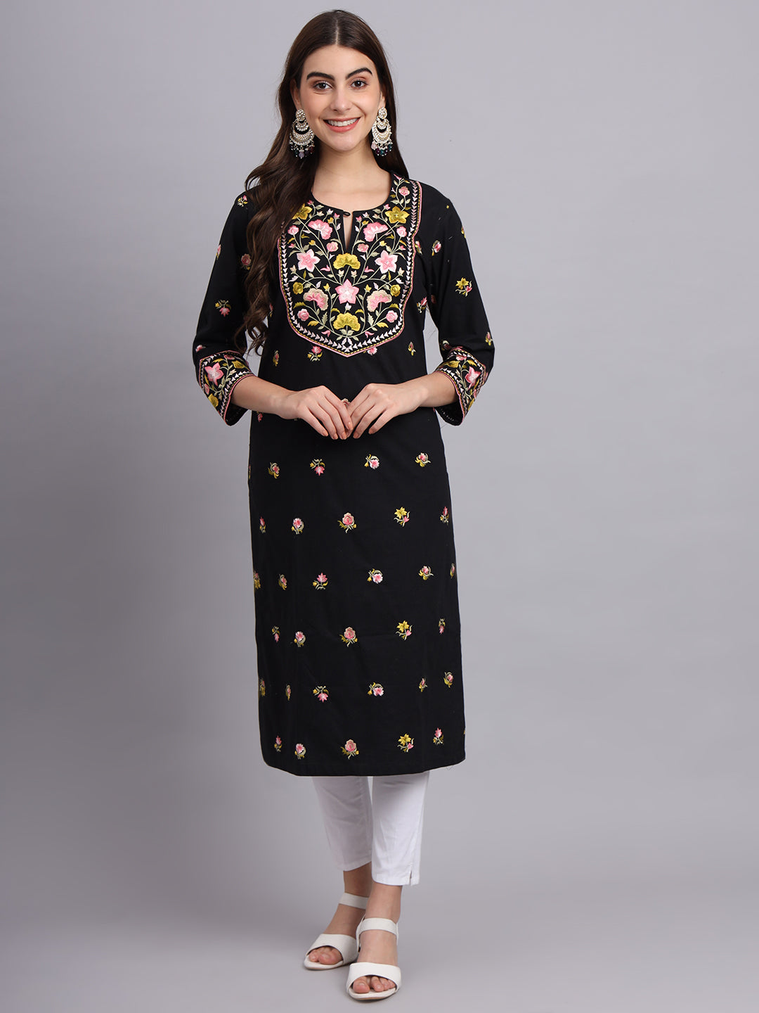 Black Floral Embroidered Kurta for Women – Elegant Ethnic Party Wear (Only Kurta))