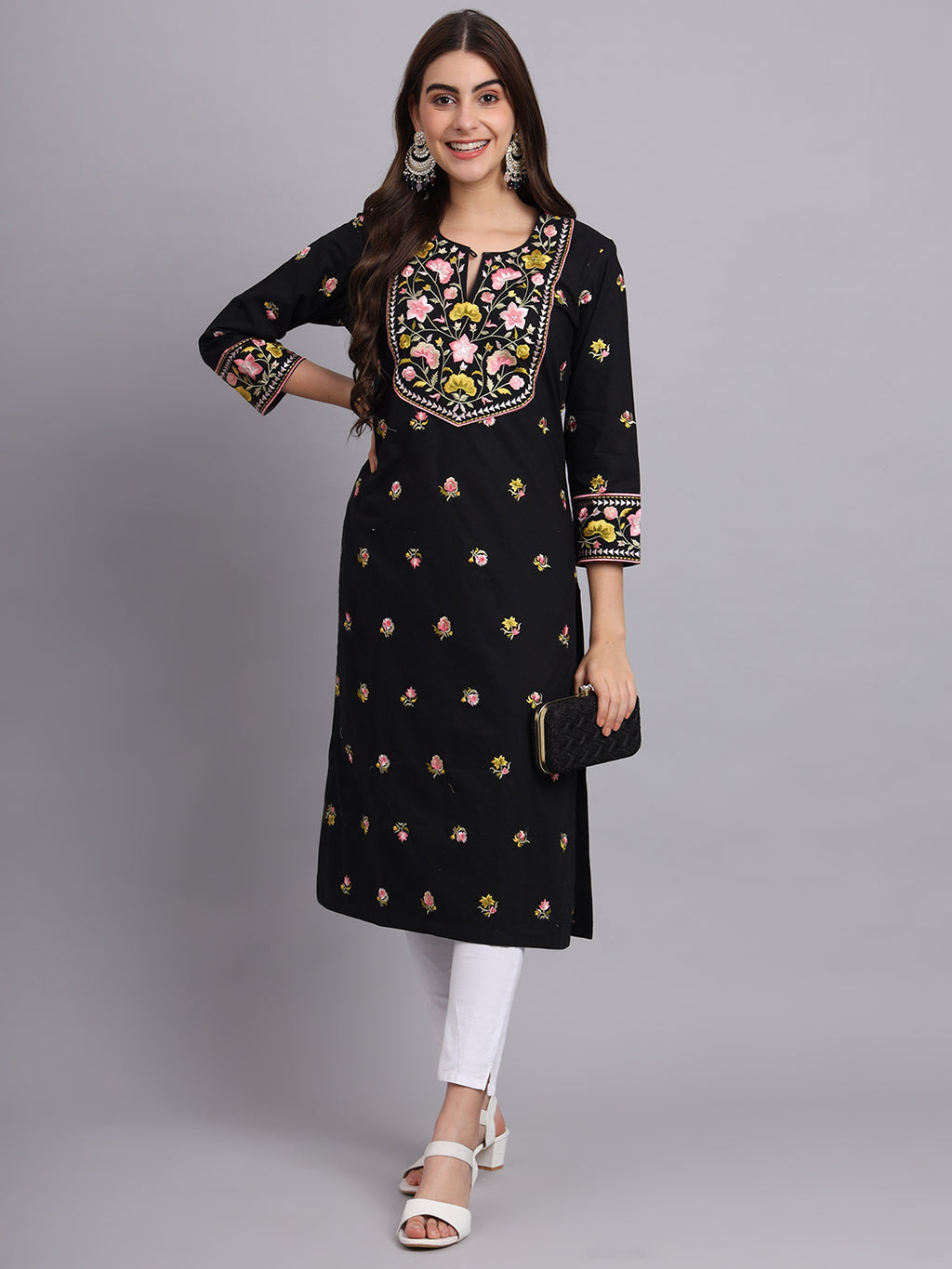 Black Floral Embroidered Kurta for Women – Elegant Ethnic Party Wear (Only Kurta))