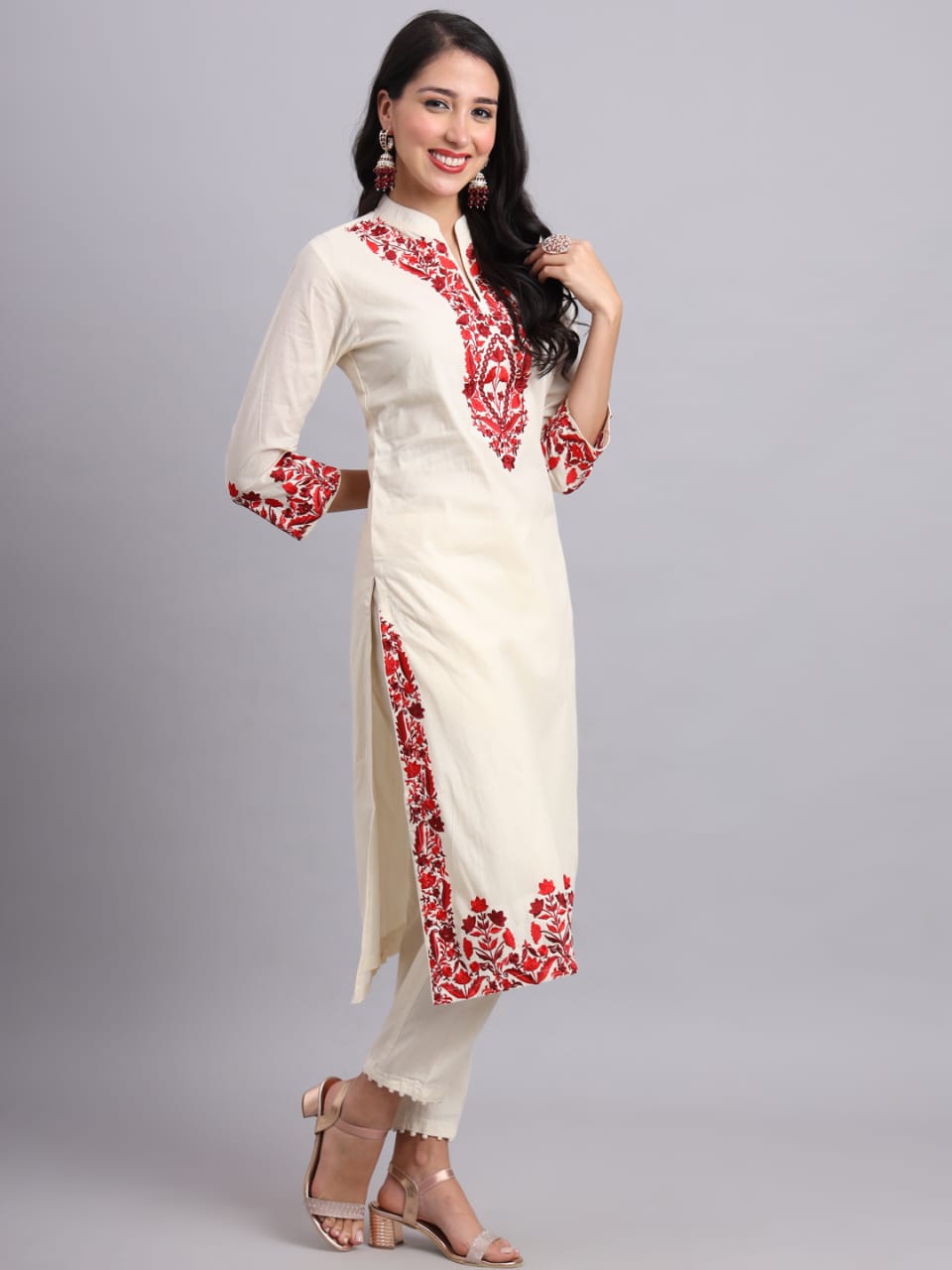 Cream Cotton Kurta with Red Embroidery – Festive Ethnic Wear for Women (Only Kurta)