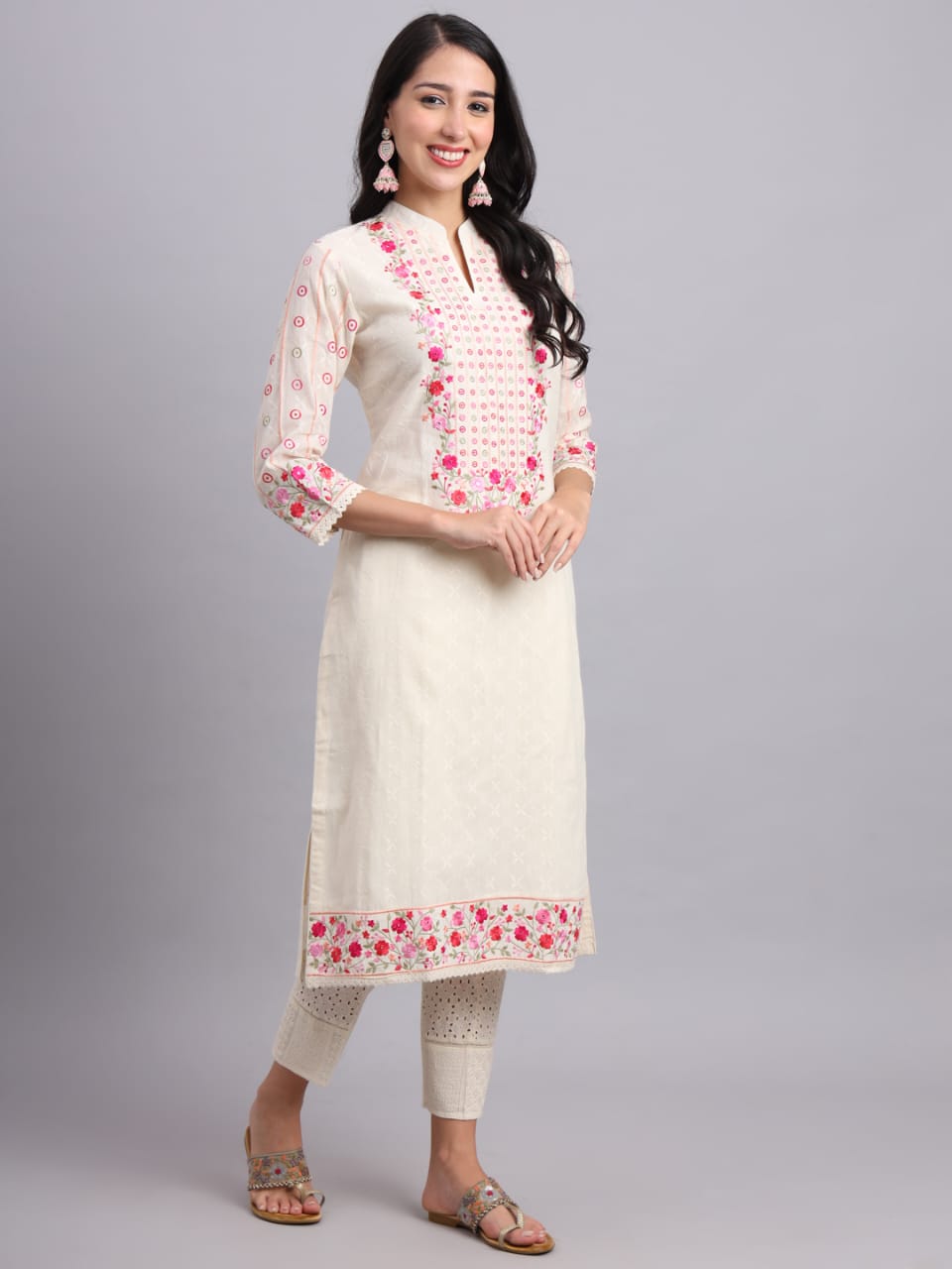 Cream Cotton Embroidered Kurta for Women – Office & Casual Wear (Only Kurta)